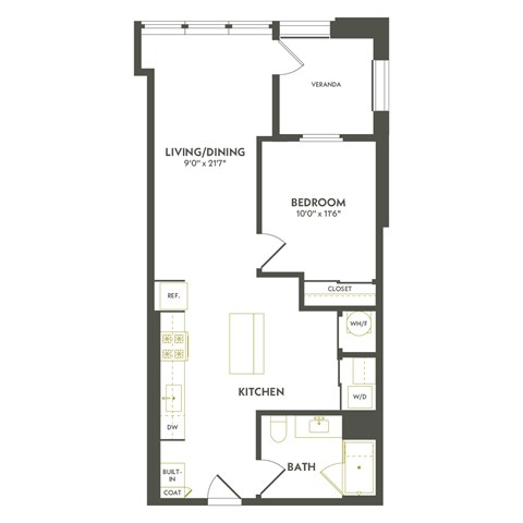 A floor plan of a house with a living room, dining room, bedroom, kitchen, and bathroom.