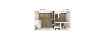 the interior of a small room with a desk and a