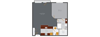 a floor plan of a studio apartment with a bedroom and a living room