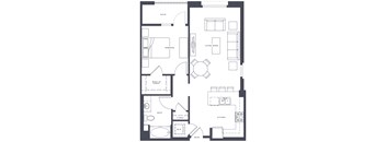 A black and white floor plan of a house with a patio, bedroom, living room, walk-in closet, bath, and kitchen.