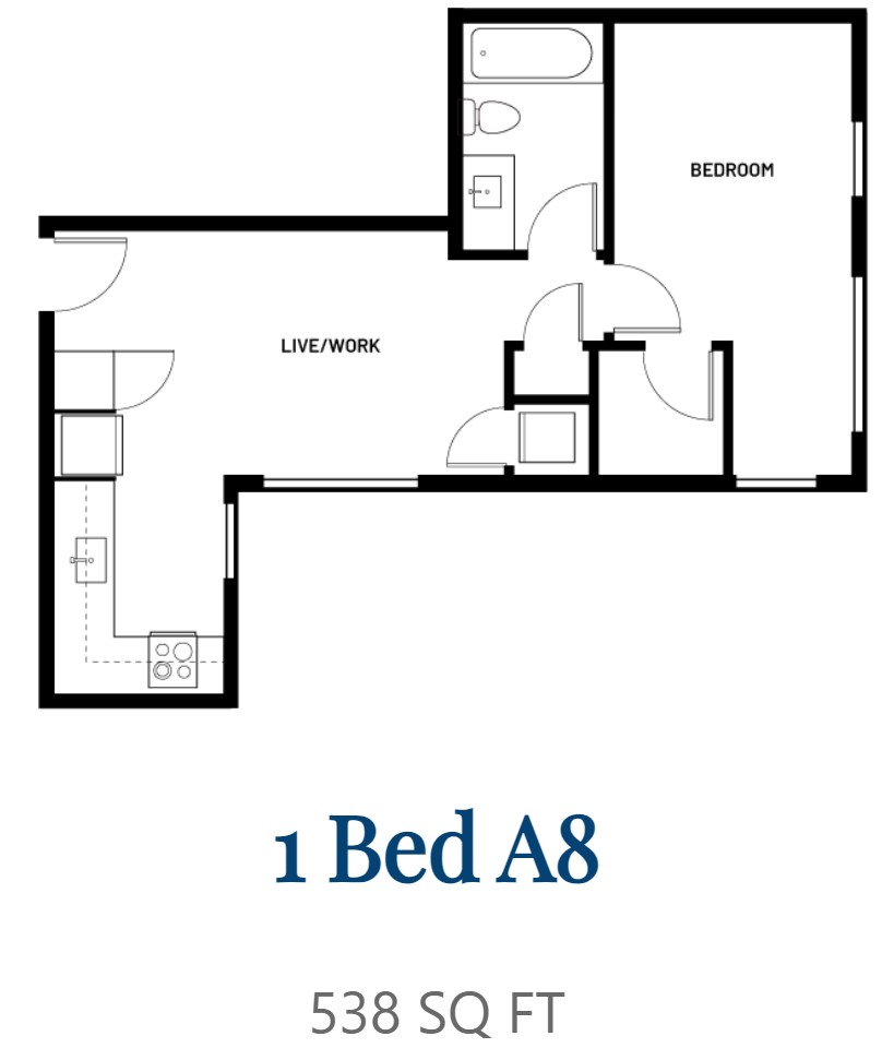 A drawing of a floor plan for a 1 Bedroom apartment sized at 538 square feet.