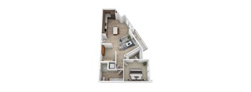 a stylized floor plan with a bedroom and a living room