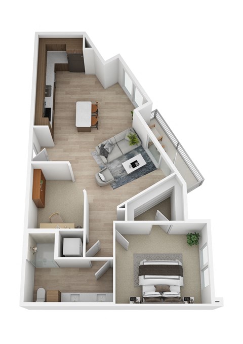 a stylized floor plan with a bedroom and a living room