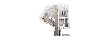 A floor plan of an apartment with a kitchen, living room, and two bedrooms.