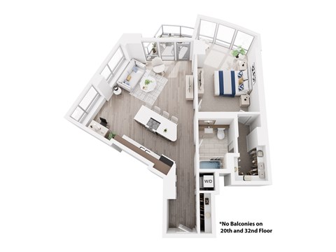 A floor plan of an apartment with a kitchen, living room, and two bedrooms.