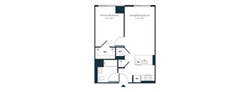 A floor plan of a room with a primary bedroom and a living/dining room.