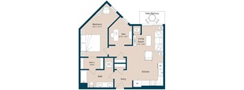 A floor plan of a house showing a bedroom, living room, kitchen, and bathroom.