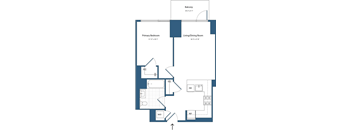 A floor plan of a home with a primary bedroom, living/dining room, and balcony.