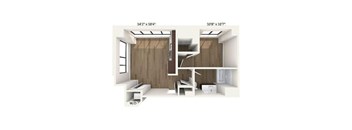 a renovated living room with a staircase