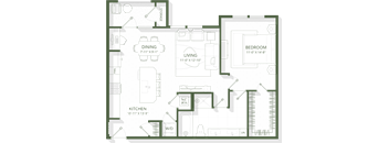 A floor plan of a house with a kitchen, living room, dining room, and bedroom.