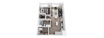 A top down view of a small apartment with a kitchen, living room, and bathroom.