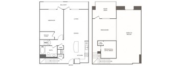 A floor plan of a house with a balcony, bedroom, living room, dining room, kitchen, bathroom, and mechanical attic space.