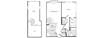 A floor plan of a house with a loft and a living area.