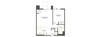 A floor plan of a home with a living/dining area, kitchen, bedroom, and bathroom.