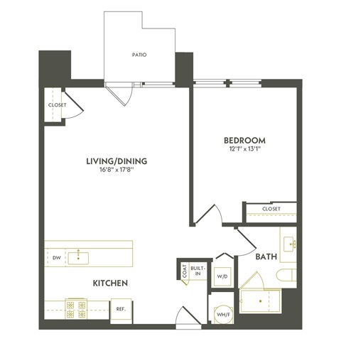 A floor plan of a home with a living/dining area, kitchen, bedroom, and bathroom.