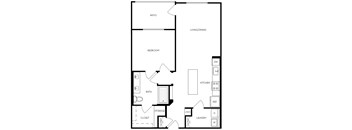 A black and white image of a house floor plan with a patio, living/dining area, bedroom, bathroom, kitchen, laundry, and closets.