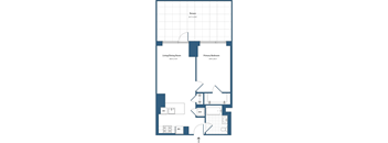 A floor plan of a house with a living/dining room, primary bedroom, and bathroom.