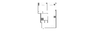 A floor plan of a house with a kitchen, living room, and bathroom.