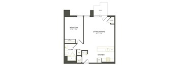 A floor plan of a home with a bedroom, bath, living/dining area, kitchen, and patio.