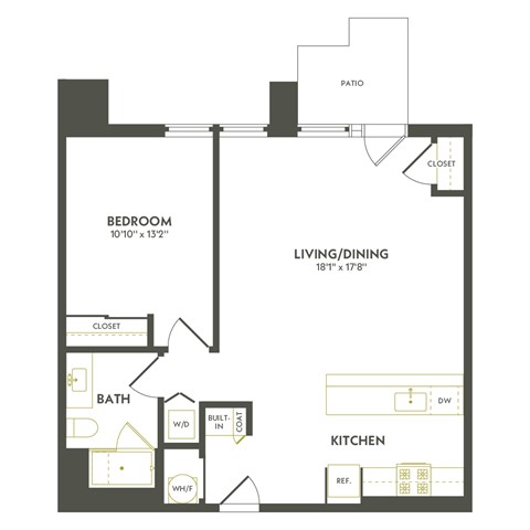 A floor plan of a home with a bedroom, bath, living/dining area, kitchen, and patio.