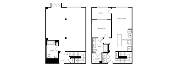 A floor plan of a house with two bathrooms, a kitchen, a living room, a dining room, a bedroom, and a patio.