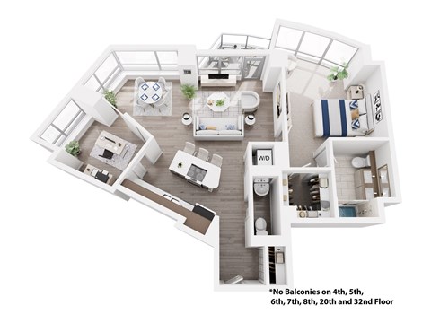 A white floor plan of an apartment with no balconies on the 4th, 5th, 6th, 7th, 8th, 20th, and 32nd floors.