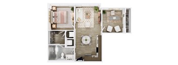 A top-down view of a modern apartment layout with a living room, kitchen, and bathroom.