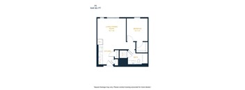 A drawing of a floor plan for a 606 square foot apartment.