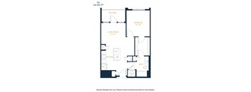A 710 square foot apartment with a living room, bedroom, and kitchen.