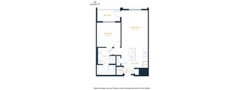 A floor plan for a 772 square foot home with a balcony, living room, bedroom, bath, and kitchen.