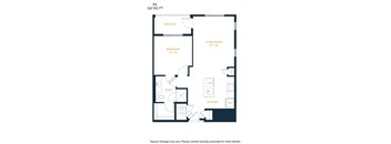 A5 757 SQ. FT floor plan with a balcony, two bedrooms, a living room, a bath, a kitchen, and a laundry area.