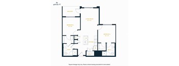 A floor plan of an apartment with a living room, two bedrooms, a bathroom, a kitchen, and a balcony.