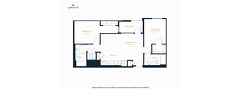A floor plan of apartment B2 with a living room, two bedrooms, a balcony, a kitchen, a bathroom, and a laundry area.