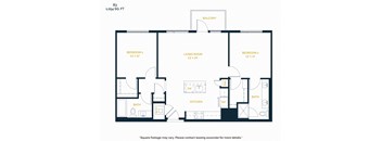 A floor plan of an apartment with two bedrooms, a living room, a kitchen, a bathroom, and a balcony.