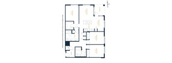 A floor plan of an apartment with a living room, dining room, kitchen, and bathrooms.