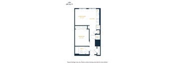 A floor plan for a 586 square foot apartment with a living room, kitchen, bedroom, and bath.