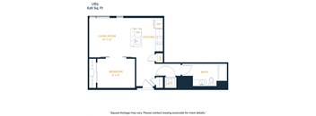 A floor plan of a 626 square foot apartment with a living room, bedroom, kitchen, and bathroom.