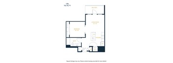 A floor plan of an apartment with a living room, bedroom, bathroom, kitchen, and pantry.