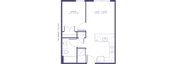 A floor plan of a bedroom and living/dining room with dimensions.