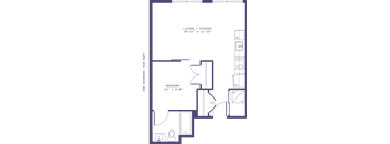 A floor plan of a living and dining area with a bedroom.