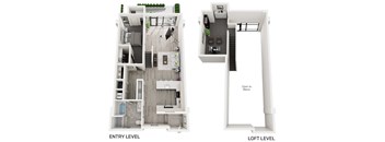 A diagram of a two-level apartment with a living room, kitchen, and bedrooms.