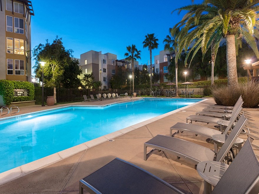 pool and lounge chairs evening time