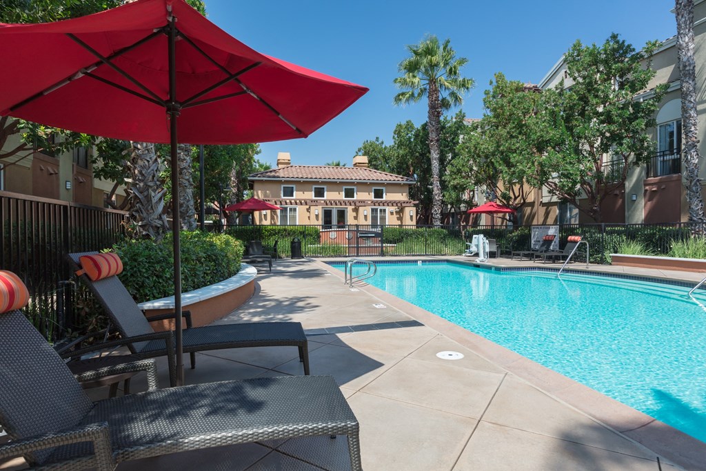 Outdoor pool and loungers