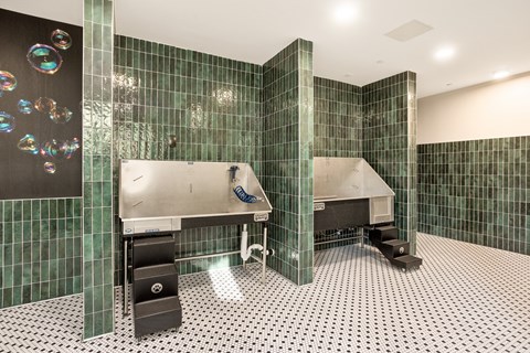 A bathroom with green tiles and a white sink.