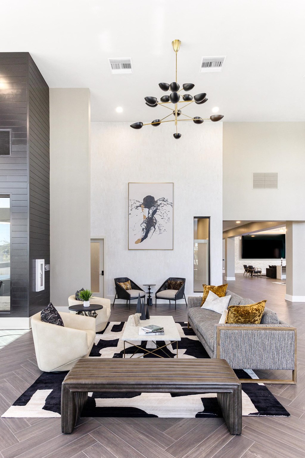 a living room with a couch and a table