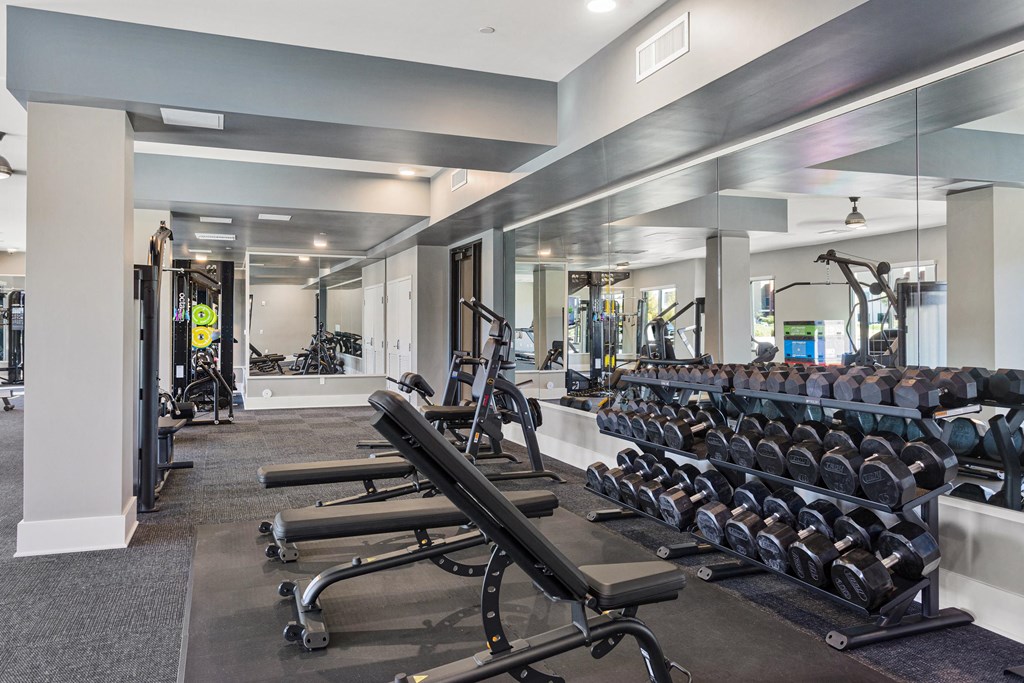 a gym with cardio equipment and weights on the floor and mirrored walls