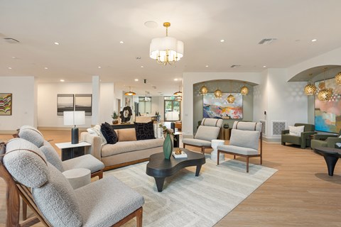 A living room with a grey sofa and a wooden coffee table.