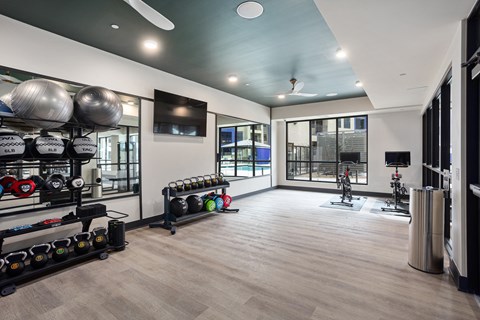 A gym with a variety of equipment including dumbbells, weight plates, and a squat rack.