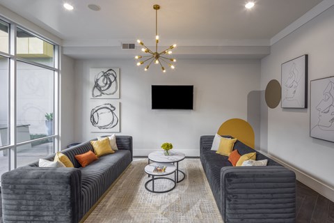 a living room with two couches and a coffee table