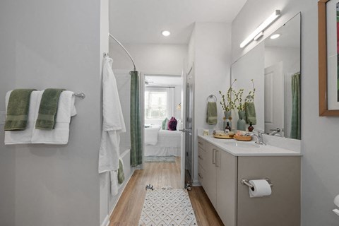A bathroom with a white sink and a mirror.